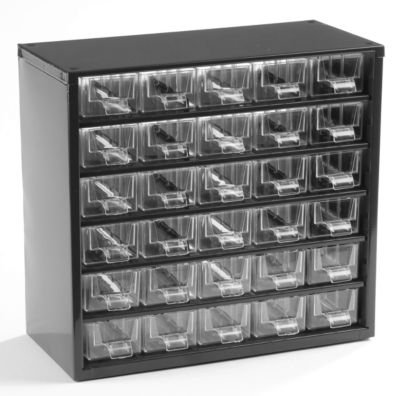 Schubladenmagazin, Schubladen glasklar - HxBxT 282 x 306 x 155 mm, 30 Schubladen Gehäuse tiefschwarz - Klarsichtmagazin Kleinteilemagazin Lagersystem Magazin Magazinschrank Schrank Schubladenmagazin Schubladenschrank Schubladensystem