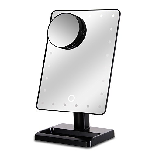 WanEway Kosmetikspiegel mit Beleuchtung, 20 LEDs, Dimmbar Durch Touch-Schalter, 10 x Vergrößerung, 12-inch Bildschirm, 360°Drehbar, mit Makeup Organizer, für Make up, Rasieren, Reisen (Schwarz)