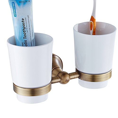 Preisvergleich Produktbild CASEWIND Messing Doppel Zahnbürstenhalter mit Weiß Keramik Bechern, Zahnputzbecher Halter Wand Bohren Wandmontage Dusche Antik Vintage Retro Stil