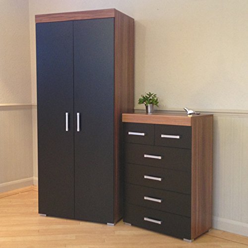 2 Door Wardrobe 4 2 Drawer Chest In Black Walnut Bedroom Furniture Set 6 Draw