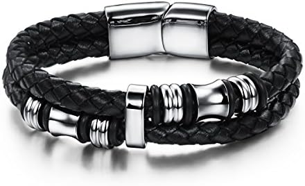 316L Stainless Steel and Black Leather Rope Men's Bracelet Handmade Mens Jewellery Black Genuine Leather Bracelet for Men Magnetic Clasp with FREE Gift box(20.5cm) (Silver)