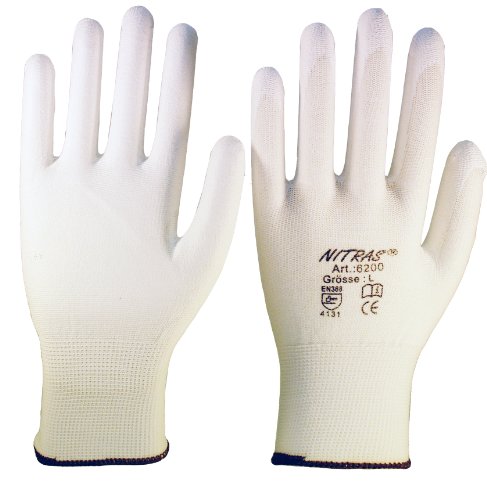 12 Paar Montagehandschuh Nylon NITRAS 6200 weiß PU Handschuhe Gr. M(7)