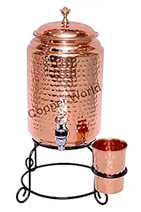 Copper World 5 Liter Copper Water Dispenser Matka Tank Pot with Glass and Iron Stand - 5000 ml