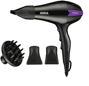 ROZIA 2500 Watt Premium hair dryer with Ionic hair Protection Technology with Concentrator, Diffuser, Black
