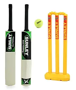 SUNLEY Just Kidding Popular Willow Cricket Bat with Tennis Ball and Wicket Set for Kids (Size 3, 6-8 Years)