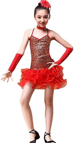 Wgwioo Kids Latin Dance Dress Sequins Strap Wavy Skirt Costume Girl Children'S Day Professional Performance Dancing Outfit , Red , M
