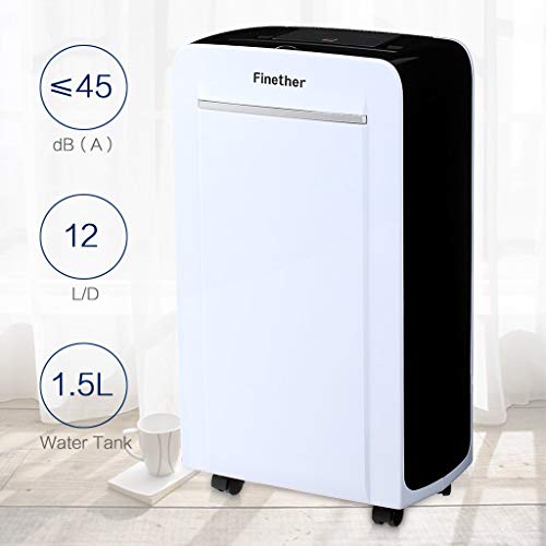 Finether 12L/Día Deshumidificador Digital, Auto Apagado, con Ruedas, 200W, 35m², ≤45db, Ideal para Casa, Armario, Baño, Cocina, Blanco y Negro [Clase de Eficiencia Energética A+++]