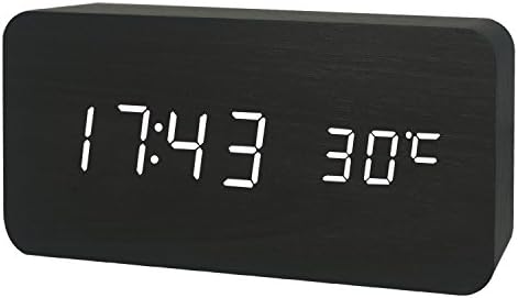Electronic Alarm Clock Wood LED Digital Time Temperature Date Show Silent Desktop Family Bedroom Eco Voice Clock (Black Wood White Light)
