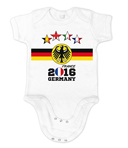 Artdiktat – EM 2016 Vier Sterne Deutschland Fan T- Shirt für Damen Herren Kinder und Babys – Trikot Ersatz – inkl. Wunschname und Nummer EM 2016 Vier Sterne Frankreich Baby Größe 76/86, weiß