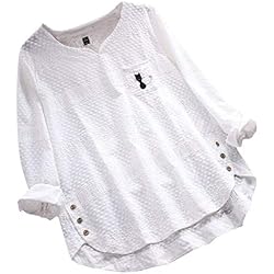 routinfly Chemisier à Manches Longues pour Femme, Grandes Tailles avec col en V, Chemises avec imprimé Chat Vintage, T-Shirt, Chemisier pour Femme, de Bouton, décontracté - Blanc - Blanc, Small EU