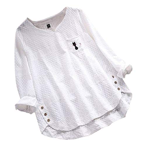 routinfly Chemisier à Manches Longues pour Femme, Grandes Tailles avec col en V, Chemises avec imprimé Chat Vintage, T-Shirt, Chemisier pour Femme, de Bouton, décontracté - Blanc - Blanc, Small EU