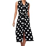 iHENGH Damen Sommer Rock Lässig Mode Kleider Bequem Frauen Röcke Boho Kleid Polka Dot Prints V Ausschnitt Taille Lace Up ärmelloses Kleid(Schwarz, M)