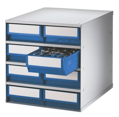 Schubladenmagazin, Gehäuse-Traglast 75 kg - HxBxT 395 x 380 x 400 mm, 8 Schubladen - Schubladen rot - Klarsichtmagazin Kleinteilemagazin Lagersystem Magazin Schubladenmagazin Schubladensystem