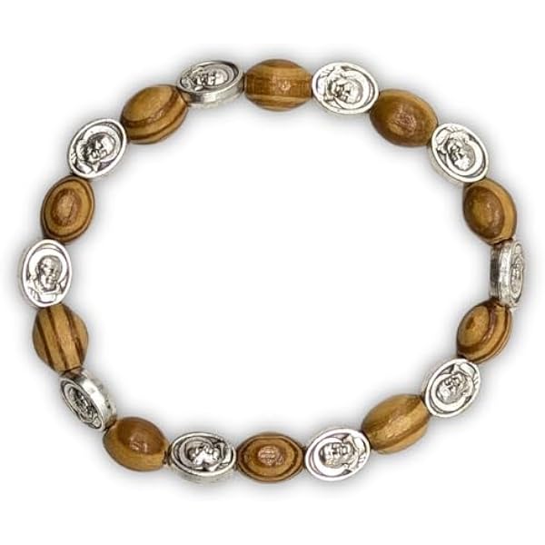 Decina Holz-Armband – Mit Medaillen Von Pater Pio & Jesus, Dehnbar, Mittelgroß
