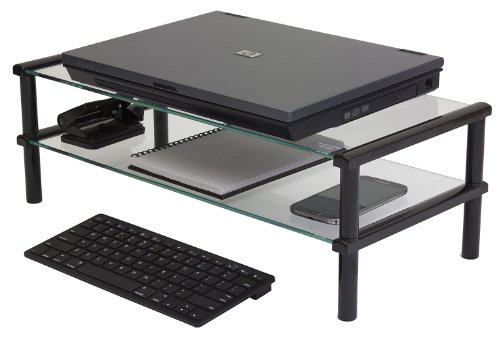 Kit Fernsehtisch, Laptop, PC Monitor Tisch Ständer mit zwei Böden aus Glas – Schwarz - 4