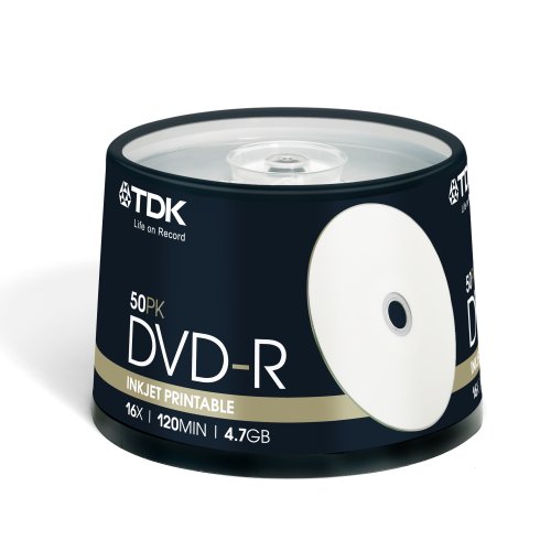 TDK T19914 Bedruckbarer DVD-R Rohling 4,7 GB in Cakebox (50 Stück) 16x Speed PRINTABLE
