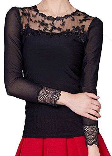 Helan Women's Lace Collar Lace Sleeve Openning Sexy Blouse UK 14 Black