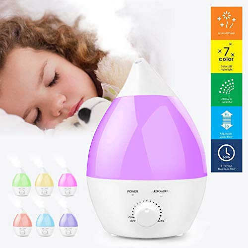 Ultrasonic Humidifier, OGIMA 1.3 Liter Aromatherapy Aroma Diffuser, Cool Mist Humidifier, 7 Color LED Light Quiet Operation with Waterless Auto Shut Off Function for Home Bedroom