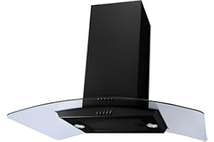 SIA 90cm Black Island Cooker Hood Kitchen Chimney Extractor Fan, Curved Glass, Ceiling Mounted ICH90BL