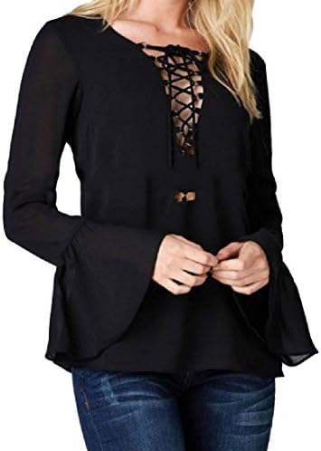 Witkeyseller Women Trumpet Sleeves Bandage Chiffon Solid Stylish Pullover Top Black S