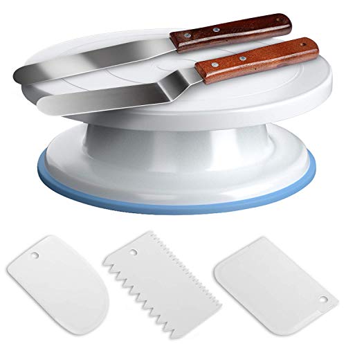 GiBot Plato Giratorio de la Torta Soporte de Decoración de Pasteles con 2 pieza acero inoxidable espátulas y 3 paletas de plástico para repostería, 28cm, Blanco