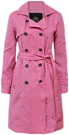 AMBER APPAREL NEW WOMENS TRENCH BUTTON LADIES MAC DOUBLE BREASTED BELTED COAT ZIP JACKET TOP - PINK/M