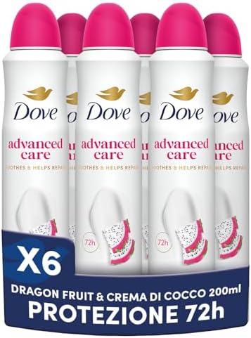 Dove Deodorante Spray Advanced Care Dragon Fruit & Coconut Cream, Deodorante Antitraspirante 72 Ore Protezione Sudore e Odori, con Formula Idratante e Delicata sulla Pelle, 6 Pezzi da 200 ml