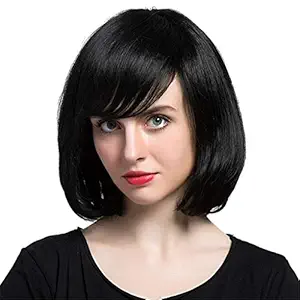 ASSU Women Full head Short Side Bangs Straight Bob Human Hair Wigs For Women/Girls (Brown)