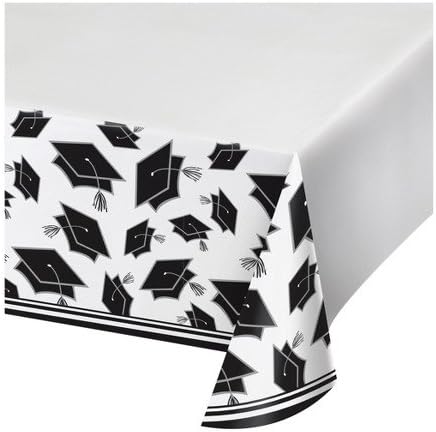 Graduation Party Tablecover - School Spirit - White with Mortarboard Pattern