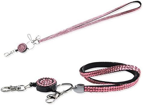 Bling Diamante gems Rhinestone Retractable Reel id Badge Holder strap Lanyard (PINK)