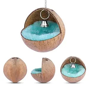 POPETPOP Bird Nest - Hanging Natural Coconut Shell Birds House Hut Breeding Nesting Hamster Bed - Coconut Nest with Soft Mat for Hamster Rat Bird Toy