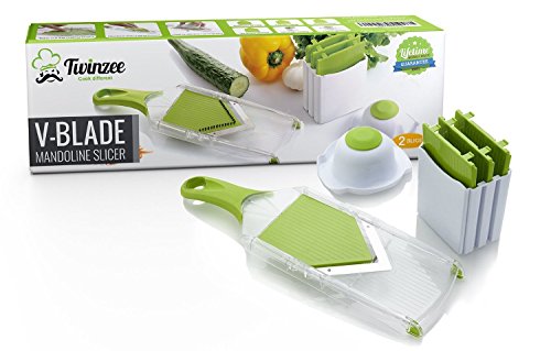 Die Twinzee Compact V-Hobel Mandoline Reibe – sie wird mit vier Aufsätzen mit Klingen aus rostfreiem Stahl geliefert und verfügt über einen praktischen Griff in schützender und ergonomischer Form. - 9