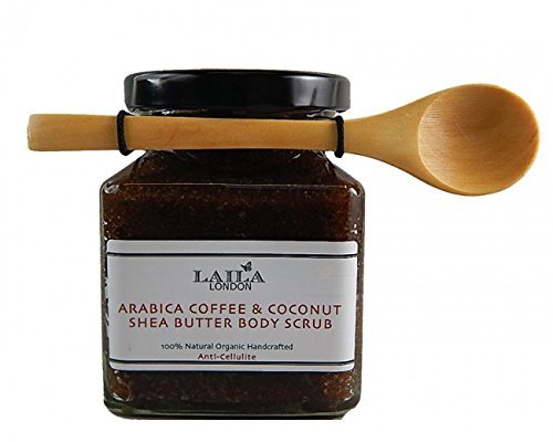 Laila London Organic Arabica Coffee & Coconut Body Scrub 100% Natural With Bamboo Spoon 350g Stretch Marks & Cellulite, Exfoliating Body Scrub - Soften Skin - Smooth Skin Before Tanning - Improve Circulation, Stimulate Collagen and Fight Aging - Reduce Ingrown Hairs, Bumps, and Clogged Pores - Helps Even Skin Tone and Prevent Dullnes