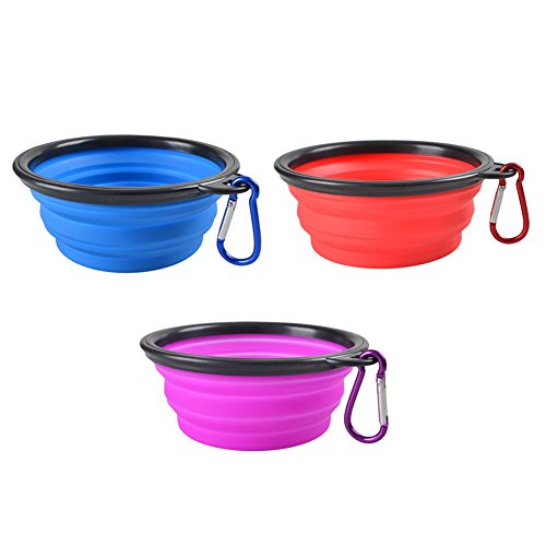 ZUOAO Set de 3 Pcs Plegable Tazones para Perros de Viajes, Extensible silicona Tazón de Fuente del Animal Doméstico Silicona, Taza de Viaje para Perro Portable con Mosquetón, Diámetro 13 cm