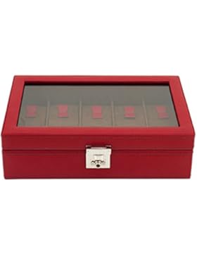 Friedrich|23, Uhrenkasten, Für 10 Uhren, Echtleder, 29,5 x 18,5 x 8,5 cm, Abschließbar, Glasdeckel, Cordoba, Rot...