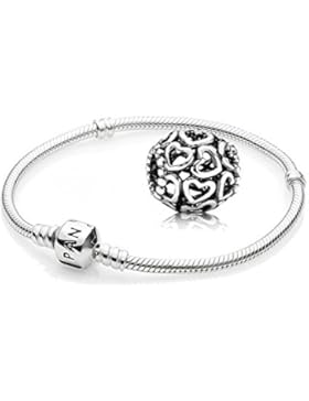 Original Pandora Geschenkset - 1 Silber Armband 590702HV-19 und 1 Silber Element 790964 Öffne Dein Herz