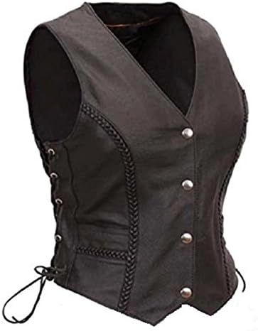 Ladies Real Leather Short Lace Motorcycle Biker Waistcoat Vest Gilet Size UK6-18 (UK-10/ Bust 34", Black)