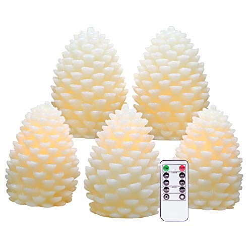 Preisvergleich Produktbild Eldnacele Weihnachten Celebrational Flammenlose Kerzen Echtwachs Pine Cone Warm White mit Fernbedienung und Timer Batteriebetriebene LED-Licht Kerzen für Dekoration und Festival Geschenk, Elfenbein