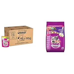 Whiskas Kitten (2-12 Months) Wet Cat Food, Chicken in Gravy Monthly Pack, 48 Pouches (48 x 85g) & Kitten (2-12 Months) Dry Cat Food, Mackerel Flavour, 1.1kg Pack