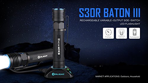 Olight® S30R III Taschenlampe wiederaufladbar – Cree XM-L2 CW LED max. 1050 Lumen mit 1 x speziellem Lithium Ionen 18650 Akku 3500mAh, 1 x USB-Ladekabel , 1 x Magnet Dockingstation und Handschlauf - 3