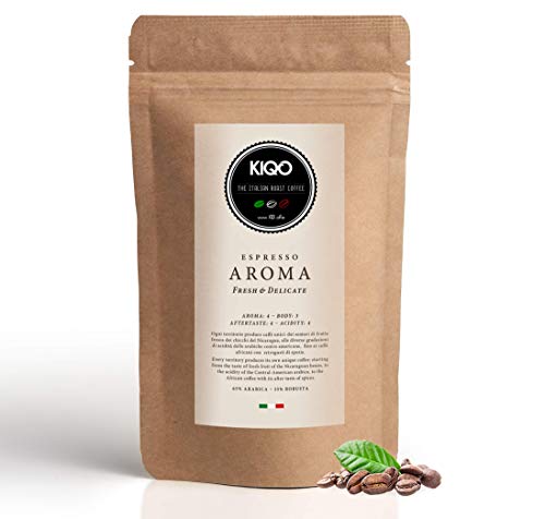 KIQO Aroma 1kg Espresso | excelente café tostado premium de Italia | tostado suave en lotes pequeños | relativamente bajo en ácido y digerible | 65% Arábica y 35% Robusta (grano de café, 1000g)