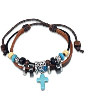 Lederarmband mit Kreuz und Perlen silber/türkis