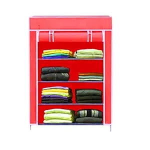 bae Stora Collapsible Wardrobe Armoire almari Closet Clothes Storage Rack 4 Shelves 4 Sides, Quick and Easy to Assemble, RED