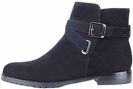 queenfoot Women's Low Chunky Heel Amond Toe Criss-corss Buckle Strap Genuine Suede Leather Hiking booties Black Suede Leather 4 UK