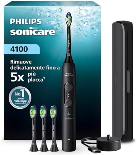 Philips Sonicare Serie 4100 - Spazzolino elettrico sonico con sensore di pressione, 4 impostazioni, EasyStart, SmarTimer, autonomia 21 giorni, custodia, nero, HX4046/52, [Nuovo]