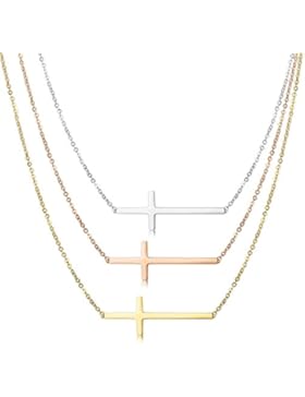 BESTEEL 3PCS Edelstahl Schmuck Anhänger Kreuz Damen Klein Halskette Rosegold Silber und Golden Kette 46CM/56CM