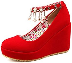 Red/Black Frosted Rubber Sole Rhinestone Word Buckle Shallow Mouth Waterproof Platform Slope High Heels Shoes Bridal Wedding Shoes (Color : Red, Size : EU36/UK4/CN36)