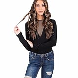 Damen Fashion Lace Playsuits Loveso Netzgarn Tief V-Kragen Solide Schwarz Aushöhlen Spitze Sexy Rückenfrei Slim Langarm Playsuit (M, Schwarz)