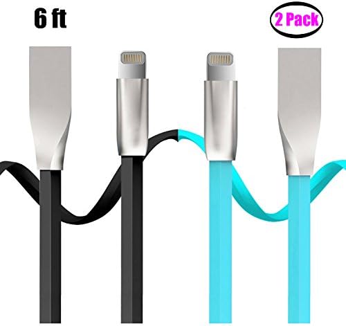 Iphone Charger Cable, ORH Iphone Charging Cord, 2 Pack 6FT Long Flat Noodle Braided Zinc Alloy Tangle Free Cord Lightning Cable to USB Charging Charger for iPhone 7/ 7 plus, 6/ 6 Plus/ 6s/ 6s plus, 5/5S/5C/SE, iPad, iPod Compatible With IOS 10&amp;9&amp;8(Black + Blue)