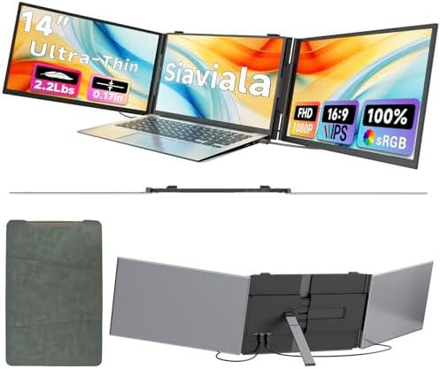siaviala Nuovo Monitor Portatile 0.17" Ultra-Sottile, 14" 1080P FHD IPS Schermo Portatile, Triplo Schermo PC Portatile per Laptops 13-17.3", Plug & Play per Mac/Android/Chrome